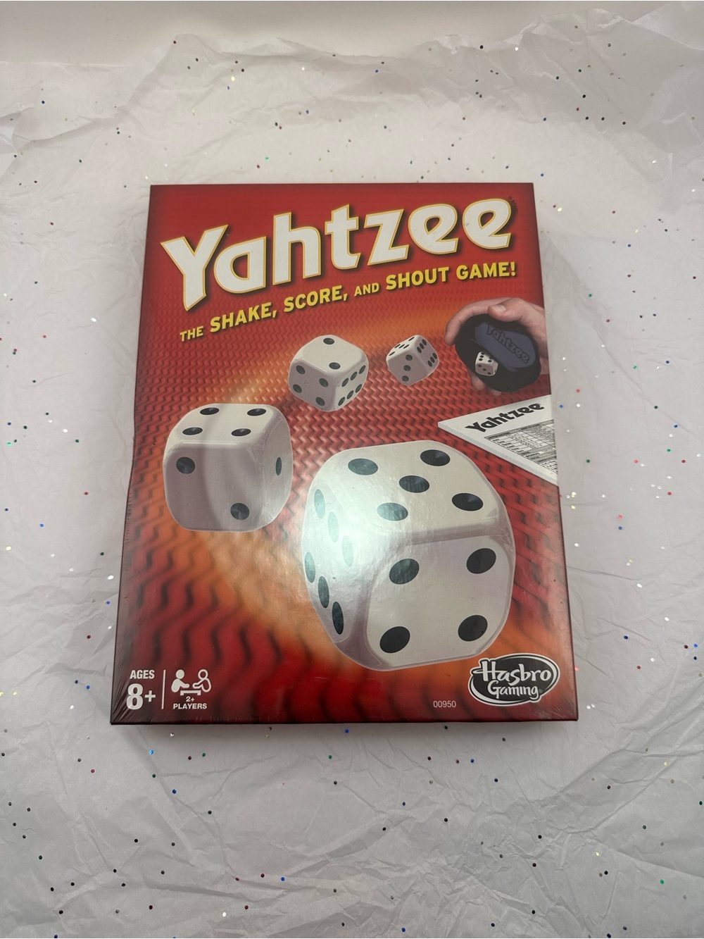 Hasbro Yahtzee Game - Red and White Box with Black Dice Dots